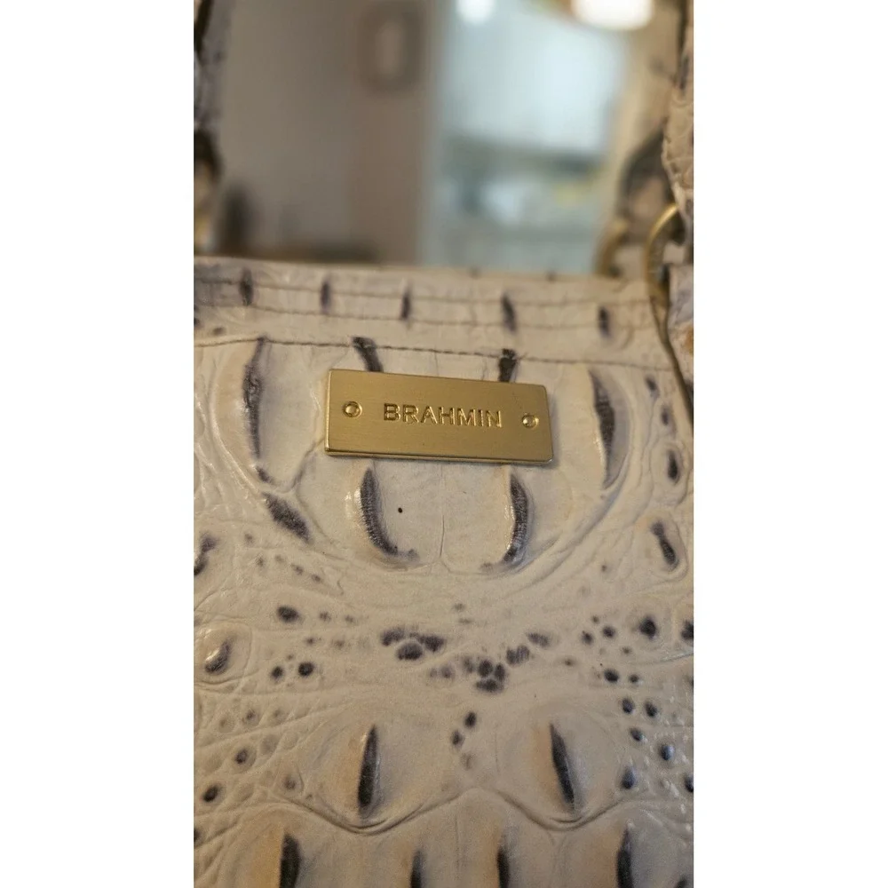 Brahmin Croc Embossed Leather Satchel Crossbody Bag Gray Cream Gold Hardware